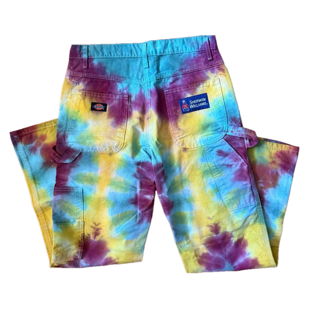 Upcycled Men's Rainbow Tie Dye Dickies Cargo Painter Jeans 30x30 Festival Rave - Picture 6 of 11